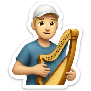 Young white guy casual with ball cap playing a big harp that looks similar to a banjo  sticker