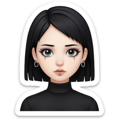 goth girl, straight black hair, verticals labret piercing, black mock neck shirt sticker