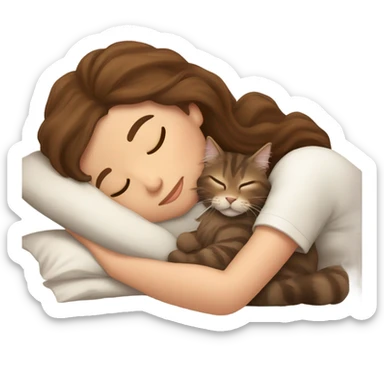 Brown-haired girl sleeping with her brown maine coon cat  sticker