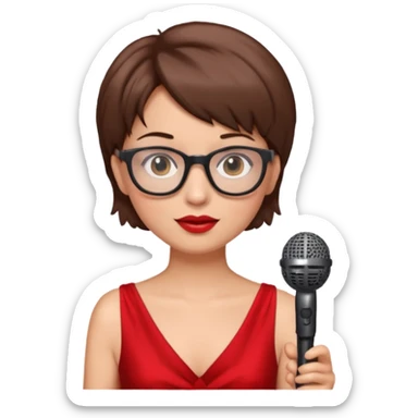 singer, Old, brown short hair, holding mic, red dress, glasses sticker
