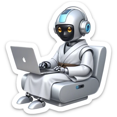 Emoji of a remote-working robot in a cozy smooth bathrobe with a laptop. The robot has a sleek helmet-like head with LED digital eyes. Relaxed yet high-tech vibe. sticker