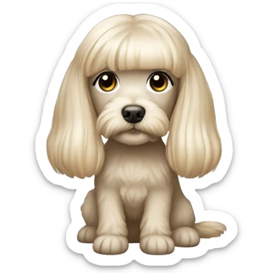 Blonde long straight hair girl gray-blue eyes with maltipoo beige sticker