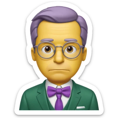 simpsons yellow man with neatly parted brown-gray hair, thick rectangular eyebrows, large round eyes behind thin glasses, a pointed nose, and a green suit with a white collar and purple bow tie. sticker