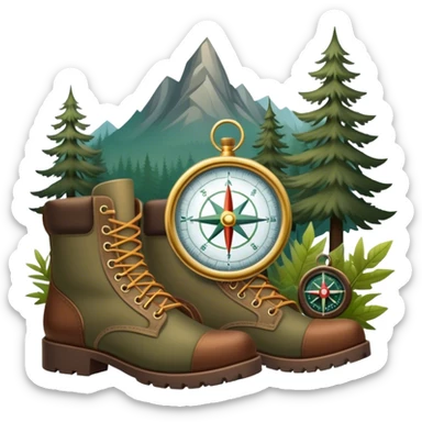 emoji for Hunting Tourism: a rifle, hunting boots, and a compass on a forest background, with a silhouette of wildlife in the distance. The icon should capture the adventure and connection with nature in hunting tourism. Transparent background. sticker