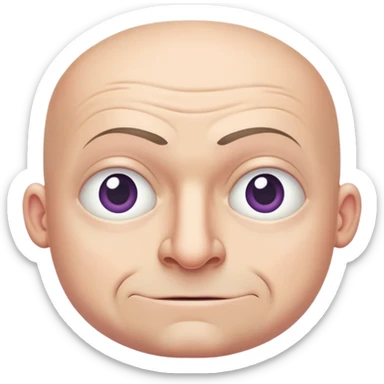 Steven Miller, bald, pronounced grimace, narrow rectangular head, bottom lip sticking out, eyelids almost closed and lower on the outside sticker