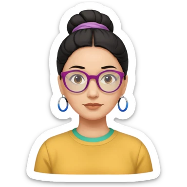 light skin middle aged with low bun in one black hair with multi colored glasses sticker