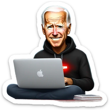 joe biden in a black hoodie with bright red glowing laser eyes typing on a macbook, joe biden, black hoodie, bright red glowing eyes, typing on macbook, joe biden sticker