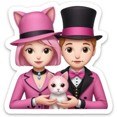 Aesthetic pink teddy magician couple and their pet cat sticker