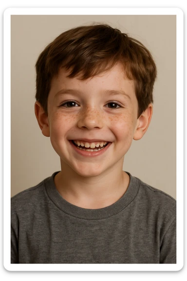 young boy with brown hair and freckles, happy, neutral background sticker