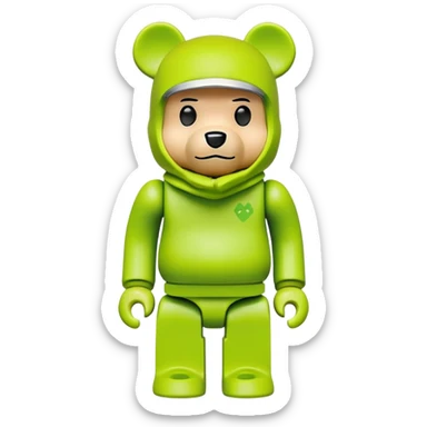 authentic bearbrick collectible figure with squared head and bear features, wearing a bright lime balaclava with defined thick eyebrows, toy design sticker