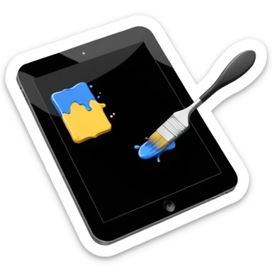 A simple graphic for digital art. A tablet dissolving into pixels with a paint brush or a pallet overlaid. No gradients. Just black on white. sticker