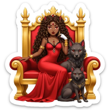 Lilith symbol seductress evil brown curly long hair haired, sexy succubus woman with red and black Chanel dress sitting on a Black and gold throne. A large black wolf laying beside he sticker