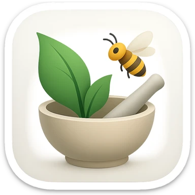 macOS application icon for a herbal therapy CRM, featuring a stylized green leaf, a mortar and pestle, and a honeybee hovering above, modern and clean style, soft gradients, professional look, no text sticker
