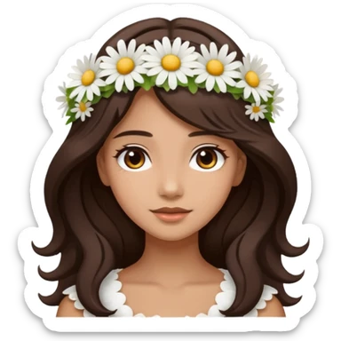 Medium skin tone female, long dark-brown hair with gentle waves, wearing a white daisy floral crown. sticker