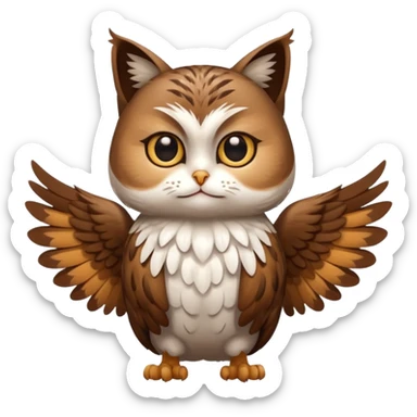 crea un gato con alas de búho con pelaje color cafe y blanco y que este con las alas cerradas y sin ningun objeto en las alas sticker