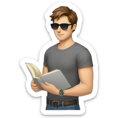 young white male with brown hair and brown eyes, wearing grey T-shirt, having pilot sunglasses, while reading Old Book and having silver rolex on whrist sticker