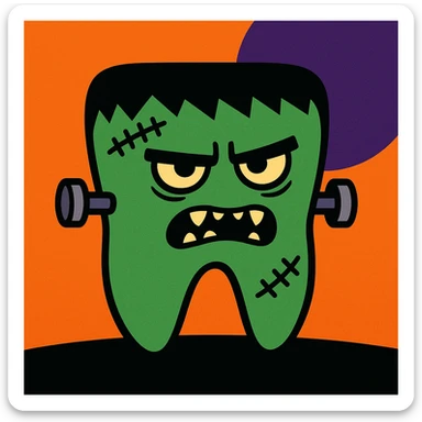 festive Halloween illustration of a tooth transformed into Frankenstein monster, with scars and bolts sticker