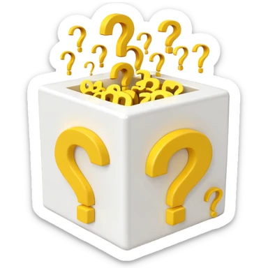 white cube shaped box printed with "q&a" over stuffed with yellow question marks sticker