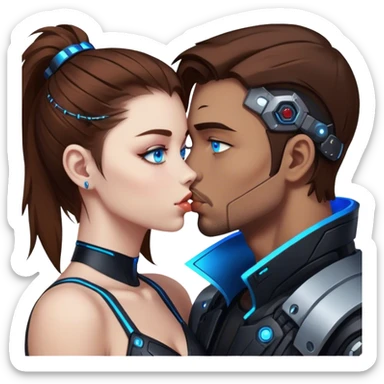 Neon cyberpunk style 
girl with brown hair and blue eyes kiss man sticker