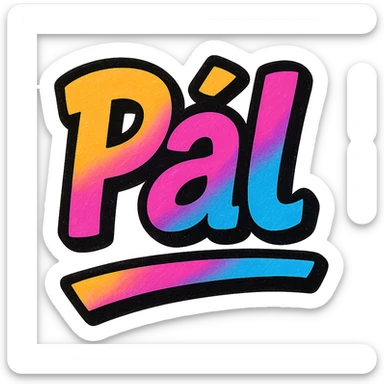 The name 'Pál' in a modern, colorful gradient font with a dark outline, dynamic, slanted or partial underline, in the style of reference patterns. sticker
