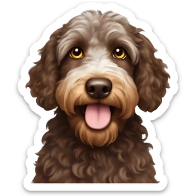 Chocolate and tan Aussiedoodle with yellow eyes and a bun on the top of head sticker