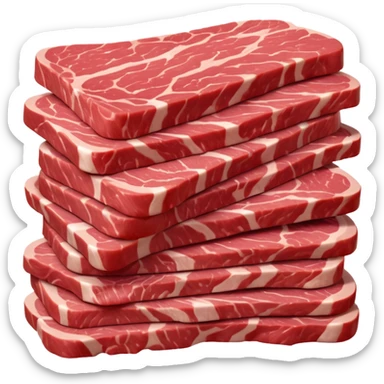 pile of raw sliced beef, thin strips, deep red, muscle grain visible, glossy, irregular shapes, subtle marbling or fat, clean 3D rendering, soft light, subtle shadow, no packaging, no anthropomorphic features, transparent background, emoji scale sticker