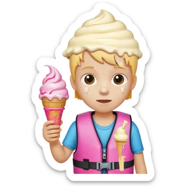 kid wearing lifejacket, holding ice cream sticker