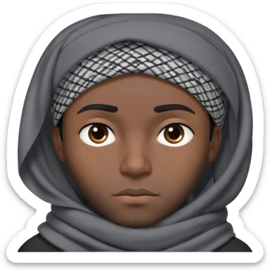 người đàn ông 30 tuổi, da đen, tóc ngắn màu đen, đội khăn kaffiyeh trùm đầu màu xám, biểu cảm buồn ngủ,mắt mở bé, áo đen, nửa thân treen sticker