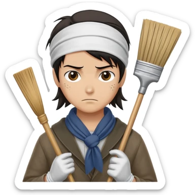 Levi Ackerman cleaning with bandana over hair, gloves, holding broom, annoyed expression sticker