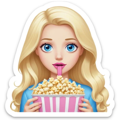 Cinematic realistic blonde with long hair, blue eyes and pink lips, watching TV and eating popcorn sticker