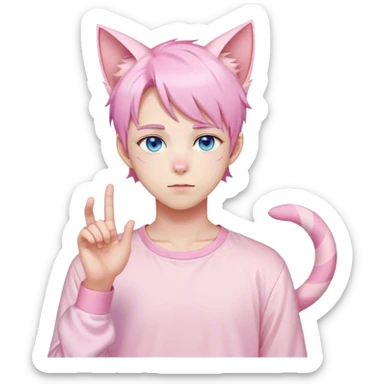 Pastel effeminate young femboy man with pastel pink shiny hair, pink cat ears, pastel yellow blouse, blue eyes, cute, gorgeous, anime, catboy, full body sticker