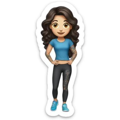 Short brunette, leggings, blue walking shoes, tattoo sleeve, holding laptop sticker