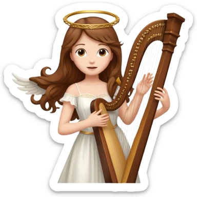 Female angel holding harp with flowing brown hair sticker