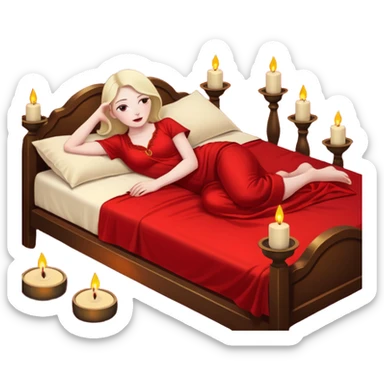 Low bed, red sheets, candles everywhere, woman reclining in shadowed control sticker