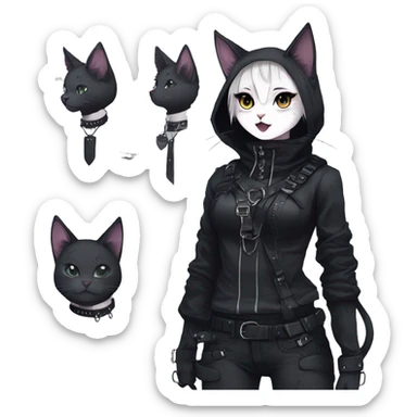 Gorgeous gothic dark techwear anime style anthro cat with blushing face aesthetic and pretty edgy black with collar and harness trending style sticker