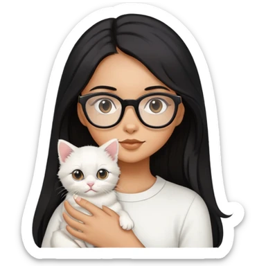 Girl with long black hair and glasses holding a white kitten sticker