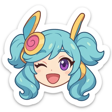 Space Groove Gwen from League of Legends, happy chibi emote, only head visible, right eye is purple sticker