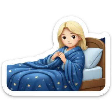 person going to bed on time, cozy blanket, night sky outside window, peaceful and friendly sticker
