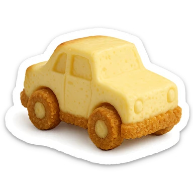miniature car sculpted from New York cheesecake, crust details, dessert-themed, fun and edible look sticker