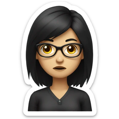 Angry scowling girl, long black hair, wearing glasses, with arms crossed over chest. sticker