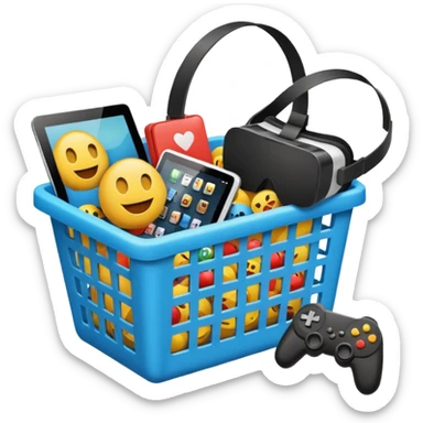 shopping basket filled with a tablet, VR headset, and game controller emoji sticker