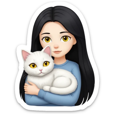 White Girl with long black straight hair hugging a white fluffy yellow eyed cat  sticker