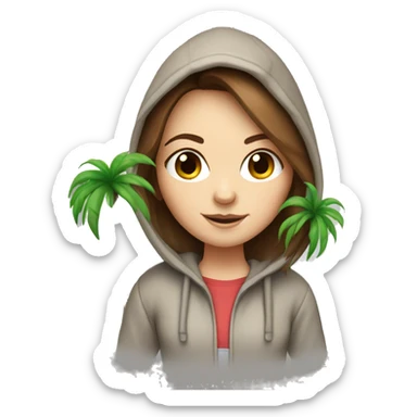 White girl with brown hair wearing a hoodie carrying a small palm tree sticker