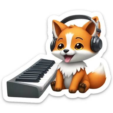 Detailled Baby kawaii fox with headphones on ears and keyboard sticker