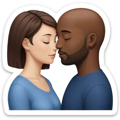 a white woman with short brown hair and a black man with no hair and a beard are facing one each other and their forehead are touching. They close their eyes and their are in love. The space between their nose is a bit larger sticker