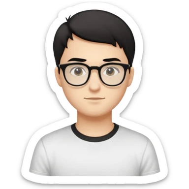 Style anchor + Young adult male American, light-medium skin, short black hair, white crew-neck tee, thin black-rim glasses, friendly neutral. sticker