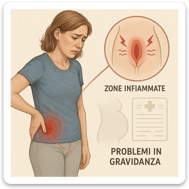 realistic medical illustration of a woman with a hand on her lower back and a worried expression, visual connection to inflamed intimate areas with stylized symbols, reference to pregnancy problems including a faint outline of a pregnant belly and a medical chart, educational and respectful, Italian labels, no explicit details sticker