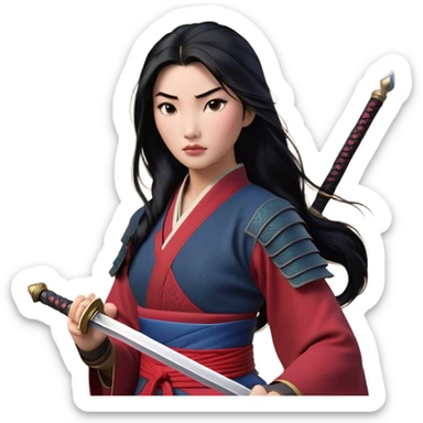 Cinematic Realistic Mulan Portrait, depicted with lifelike skin texture, soft natural lighting, and intricately detailed long black hair styled elegantly. Her deep, expressive eyes exude determination and grace, complemented by a serene yet confident expression. She stands with one hand resting on the hilt of her sword, the other by her side, exuding strength and poise. She is dressed in her classic attire, with rich fabric textures and delicate folds that catch the light beautifully. The portrait features a soft, enchanting glow with a natural, radiant finish, capturing the essence of timeless strength and beauty in a realistic and painterly style, evoking a sense of depth and authenticity. sticker