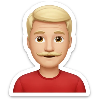 blond hair man smile warmly with mustache red shirt sticker