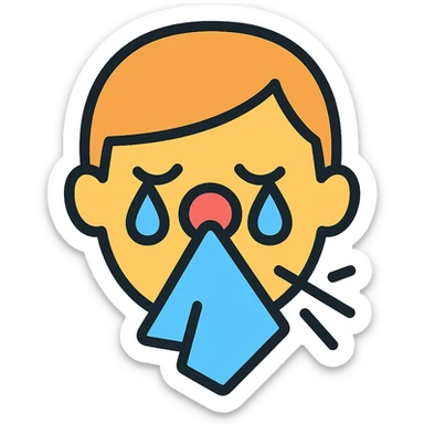 allergic face with red nose, watery eyes, sneezing, color outline icon style sticker